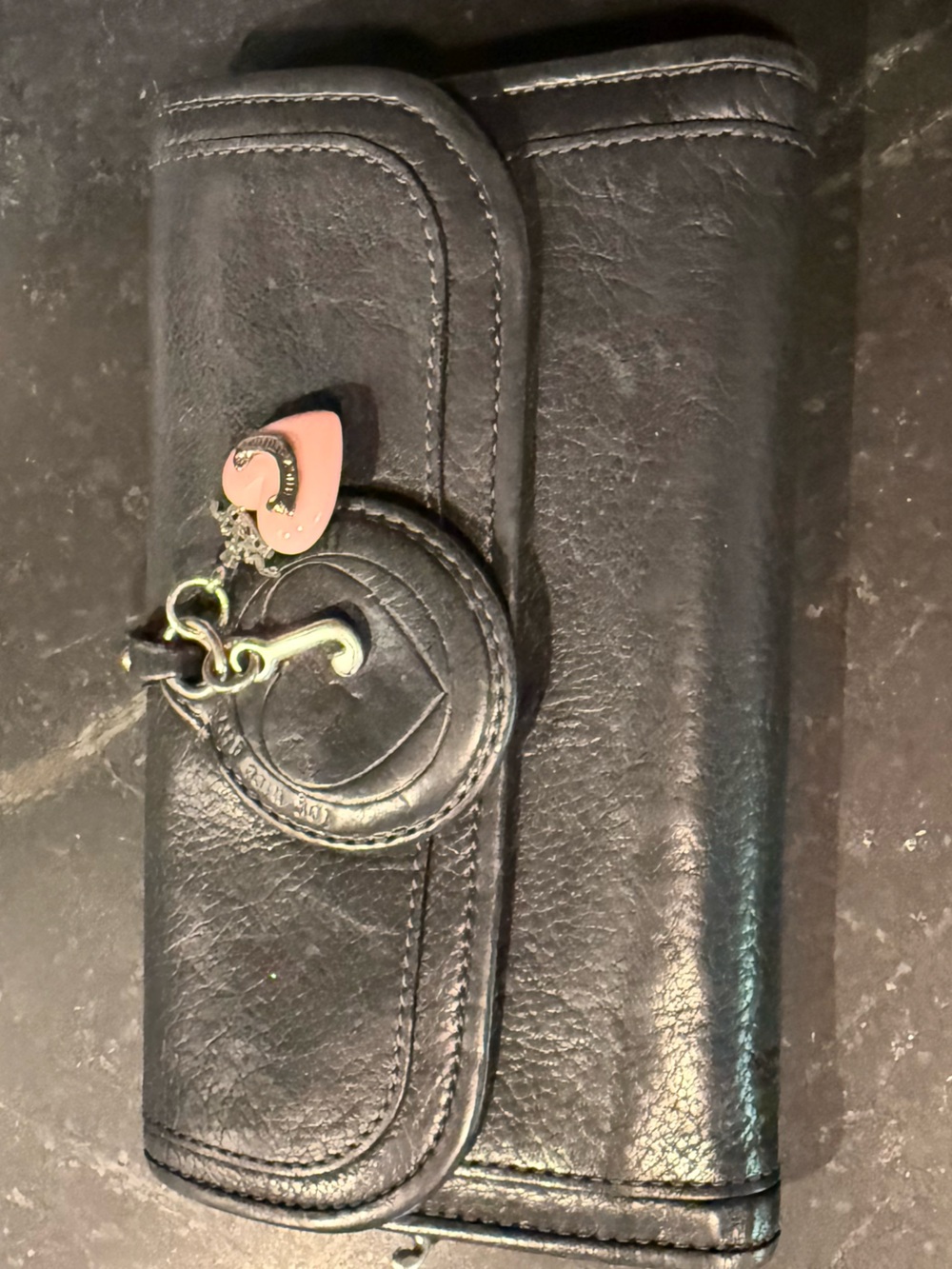 Vintage Y2K Juicy Couture Black Leather Wallet with Heart Charm Detail